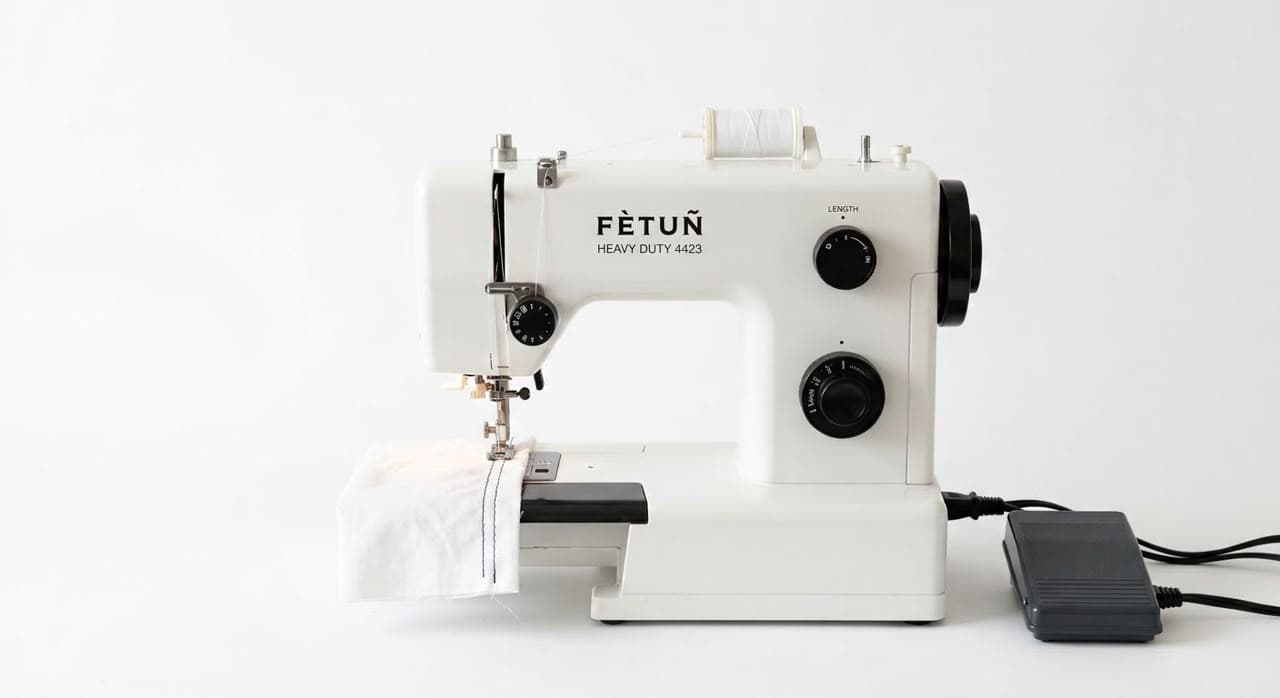 A white Fètuń sewing machine stitching a piece of white fabric